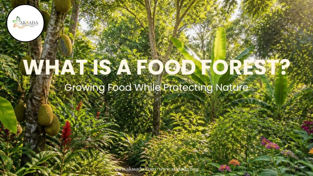 A diverse tropical food forest with fruit trees, plants and flowers growing together